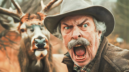 Terrified and Grizzled Elderly Male Hunter Confronted by Charging Deer in Dense Wilderness Forest Environment  The Hunter Screams in Panic as the Deer Attacksの素材