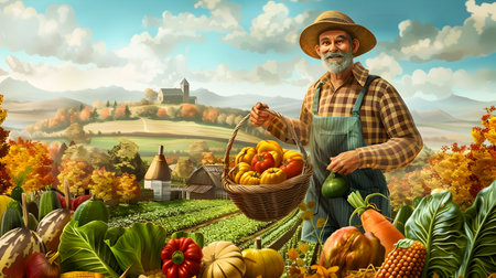 A cheerful farmer standing in a lush autumn countryside landscape holding a bountiful basket filled with an array of freshly harvested vegetables such as pumpkins squash and corn  The sereneの素材
