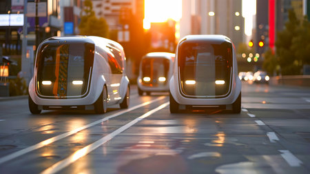 Autonomous electric vehicles drive through a futuristic urban street resembling elaborate spacecrafts This digital art depicts the advanced technology and design of the vehicle of the future in the style of robots promoting clean energy and sustainabの素材