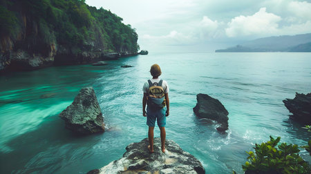 A young man with a backpack stands on rocky cliffs overlooking the ocean captured in the style of Sumatraism evoking a sense of adventure and appreciation for the natural worldの素材