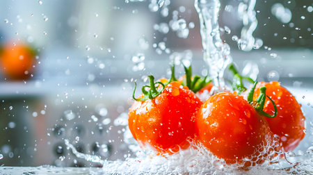 Fresh tomatoes being splashed with water on a kitchen counter in the style of functional aesthetics captured in high resolutionの素材