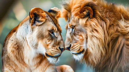 A captivating photograph of two lions looking into each others eyes showcasing their powerful bond in the style of romantic idealism in the forest captured with a Nikon D850の素材