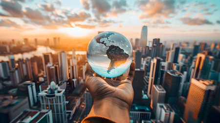 A hand holding a glass globe with a cityscape inside in the traditional African art style symbolizing humanitys connection to the planet and natureの素材