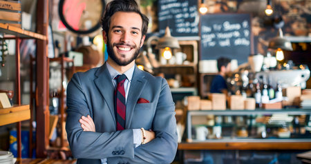 A young fashionable businessman smiles at the camera while sitting in a trendy coffee shop He is dressed in a business suit and holds a framed mug in front of him The indoor setting is warm and welcoming with a lively atmosphere This scene captures aの素材