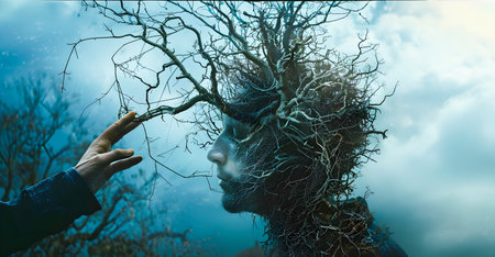 A person is reaching his hand towards a tree in a conceptual portraiture style mixes realistic and fantastical elements rendered in cinema4d its a digital art that can be use for wallpaper poster or any design inspirationの素材