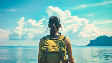 A woman with a backpack standing near the water enjoying the summer time in a scenic coastal landscapeの素材