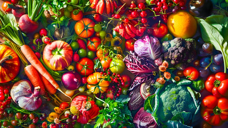 A vibrant and appetizing collage of a variety of fresh vegetables and fruits arranged on a table inviting the viewer to enjoy the natural bounty of the earthの素材