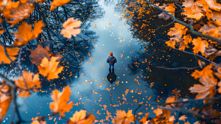 Image of a person walking through a puddle of autumn leaves in a style of dark sky-blue and orange showcasing the beauty of the season and the moody atmosphere of the sceneの素材