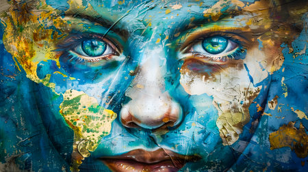 A unique and intriguing painted portrait of a womans face featuring a world map design in shades of dark gold and azure by artist Michael DAgostino known for his bold and detailed mixed media styleの素材