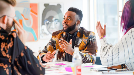 A group of black men sitting around a table in a modern meeting room discussing in the style of queer academia and afrofuturism-inspiredの素材