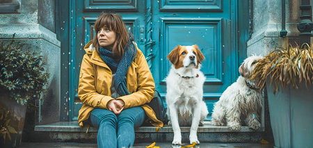 A heartwarming scene of pets dogs and their owners sharing a special moment reflecting the joy and companionship of pet ownershipの素材
