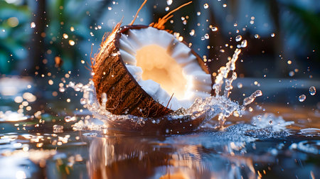 A delicious coconut is shown in high-resolution and close-up with water splashing around it and sunlight illuminating the scene The image is rendered in a photo-realistic style using Vray tracing showcasing the textures reflections and refractions ofの素材