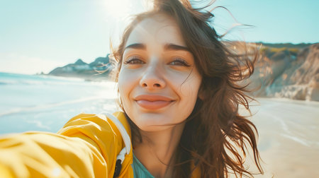 A woman can be seen taking a selfie on the beach during her summer vacation with a backdrop of the ocean and sunset expressing detailed facial features and emotionally complexの素材