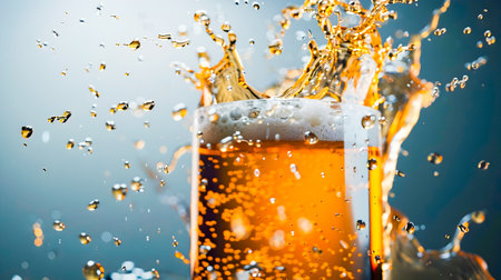 A stylish and trendy glass of beer with a shot of froth and water splash capturing the dynamic energy flow of the pour in high definitionの素材
