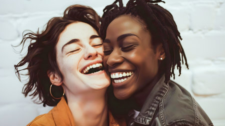 A heartwarming depiction of two women embracing and smiling in front of a wall with themes of queer academia and homosexuality promoting diversity acceptance and communityの素材