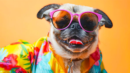 Cheerful and Playful Pug Dog Wearing Colorful Fashion Outfit and Sunglasses Dancing Happily on Vibrant and Lively Background  Energetic and Joyful Pet Portraitの素材