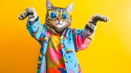 Energetic and stylish cat character dancing with vibrant colors and sunglasses portraying a fun whimsical and quirky moodの素材