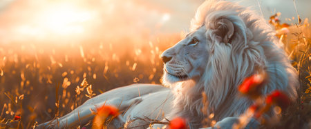 Majestic White Lion Stands Proud in a Stunning Natural Landscape Bathed in the Warm Glow of a Golden Sunsetの素材