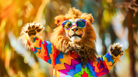 Joyful and Lion Wearing Sunglasses and a Vibrant Fashionable Outfit Dancing Enthusiastically Against a Surreal Colorful Background  This Whimsical and Imaginative Captures a Sense of Expressionの素材