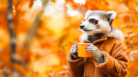 Cute and cozy portrait of a furry animal character outdoors wearing a warm coat and drinking a hot beverage from a mug on a beautiful autumn day surrounded by fall foliage and treesの素材