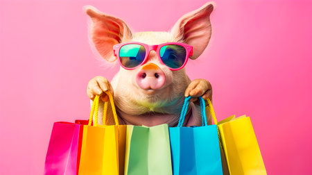 Playful Piglet Wearing Stylish Sunglasses and Vibrant Fashion Accessories Happily Goes on a Shopping Spree Showcasing the Joy and Enthusiasm of Retail Therapyの素材