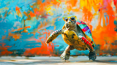 Whimsical and vibrant depicting a turtle wearing stylish sunglasses and a colorful funky fashion outfit while dancing energetically on a surreal dreamlike background  The turtle s playfulの素材