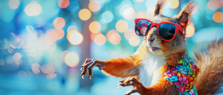 Energetic and playful squirrel dances with a whimsical expression wearing a colorful and stylish outfit complete with a pair of trendy sunglasses set against an and vibrant bokeh backgroundの素材