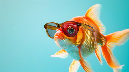 Colorful goldfish wearing novelty sunglasses in a creative whimsical and imaginative concept  The fish is isolated on a random background showcasing the unique and playful designの素材