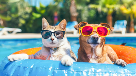 Cute cat and dog wearing sunglasses and relaxing together in a pool at a tropical resort showcasing a fun and carefree summer vacation lifestyleの素材