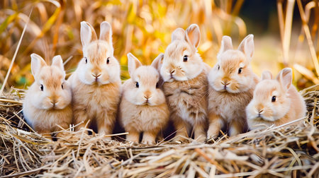 Five small fluffy baby rabbits sitting together on a bed of dry straw in a lush green natural environment  The adorable bunnies are huddled closely creating a heartwarming and whimsical sceneの素材