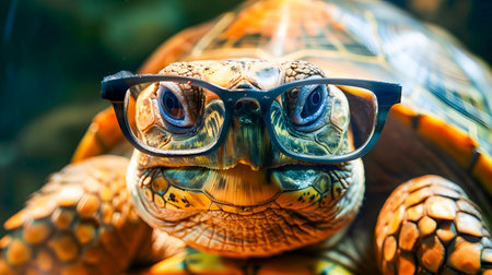Close up Portrait of an Elderly Turtle Wearing a Pair of Vintage Eyeglasses Highlighting the Creature s Weathered Appearance Resilienceの素材