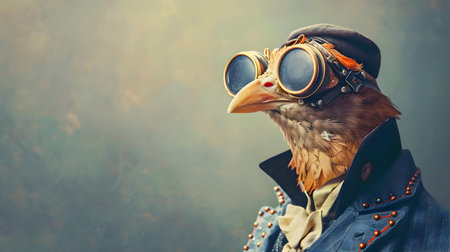 Curious Anthropomorphic Bird Dressed in Steampunk Inspired Costume with Vintage Goggles Exploring an Imaginative and Visionary World of Discovery and Inventionの素材