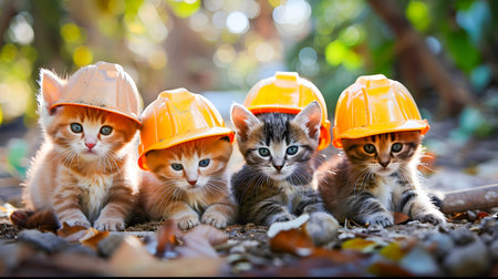 A group of adorable and curious kittens wearing construction hats as they explore and play in a natural outdoor setting showcasing their playful and adventurous spiritの素材