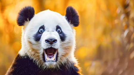 Closeup portrait of an adorable and surprised panda bear with a playful expressive and charming reaction of amazement and wonder set against a background of a lush green forest environmentの素材
