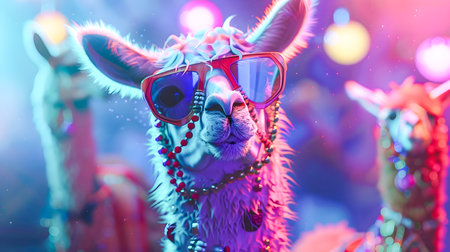 Vibrant and Whimsical Lama Dressed in Bohemian Hippie Clothing Set Against a Colorful Psychedelic and Surreal Background with Kaleidoscopic Patterns and Neon Huesの素材