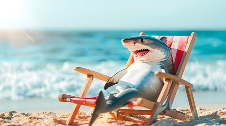 Playful depiction of a shark lounging on a beach deck chair wearing sunglasses in a surreal and humorous coastal scene  The shark s casual beachside pose contrasts with its predatory natureの素材