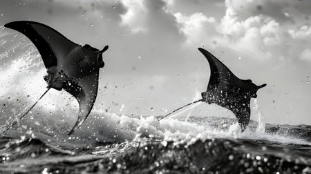Majestic and powerful mobula rays breach the ocean s surface their sleek silhouettes leaping gracefully through the air in a dramatic monochrome scene amidst the stormyの素材