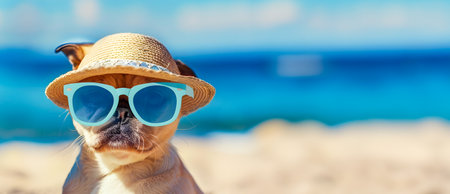 Adorable pug dog wearing sunglasses and a straw hat sitting on a sandy tropical beach with the blue ocean and sky in the background capturing the carefree and joyful spirit of a summer holidayの素材
