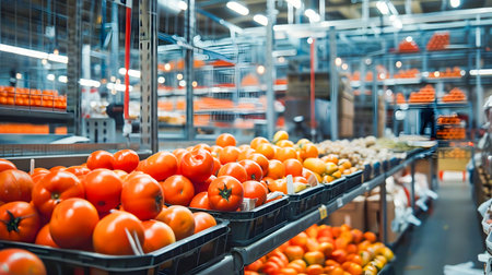 A grocery store filled with trays of fresh tomatoes showcasing a variety of shapes and sizes in an industrial-themed displayの素材