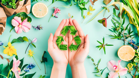 A womans hand holding a circular recycling symbol surrounded by flowers and green leaves on a light green and indigo background in a unique and one-of-a-kind styleの素材