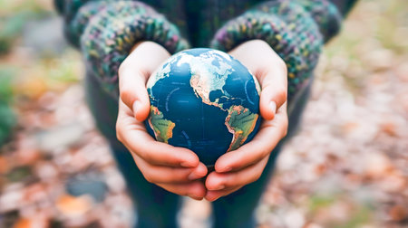 A woman in a dark green and navy dress is shown holding the planet earth in her hands on top of leaves demonstrating sustainability and eco-friendly valuesの素材