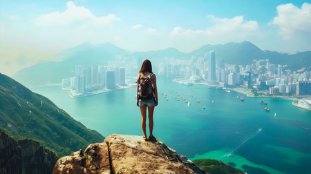 A woman with a backpack stands at the summit of a mountain overlooking the cityscape of a bustling Asian metropolis in the style of 32k uhdの素材
