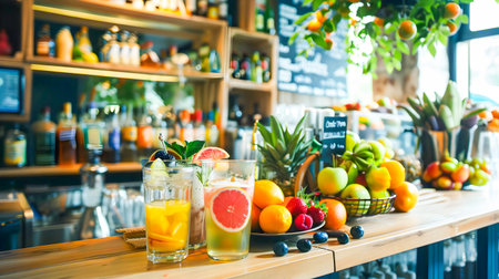 Image of a bar with a variety of drinks and fruit on a wooden table in the style of soft focus lens and organic compositions suitable for a restaurant or bar settingの素材