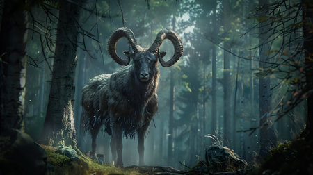 A powerful and majestic horned animal stands solemnly in the middle of a dense misty forest surrounded by ancient trees and a sense of mystery and wonderの素材