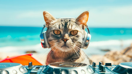 A creative concept image of a cat wearing DJ headphones and operating music equipment near a tropical beach shoreline suggesting a vibrant summer party or entertainment eventの素材