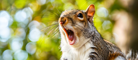 Engaging close up portrait of a lively grey squirrel yawning with an open mouth captured in a natural woodland setting with a blurred background and vibrant colorsの素材