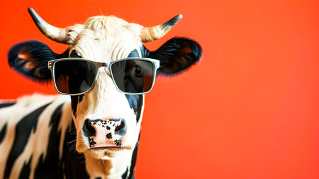 Funny and quirky portrait of a cow wearing fashionable sunglasses against a bright red studio background  The bovine subject has a playful anthropomorphic a surreal and amusing visualの素材