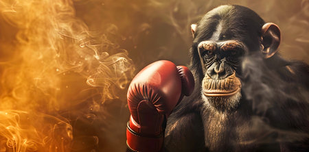 A dramatic digital showcasing a fierce primate boxer dressed in red boxing gloves surrounded by billowing smoke and mist in a studio setting creating a powerfulの素材