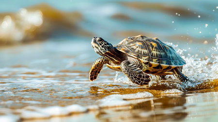 An energetic turtle running and jumping through the waves on a tropical beach showcasing its speed agility and natural habitat in the coastal ecosystemの素材