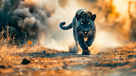 Powerful black leopard stalking and running through a smoky dusty environment on a dirt road in the wilderness  The majestic elusive big cat is the epitome of grace strength and rawの素材
